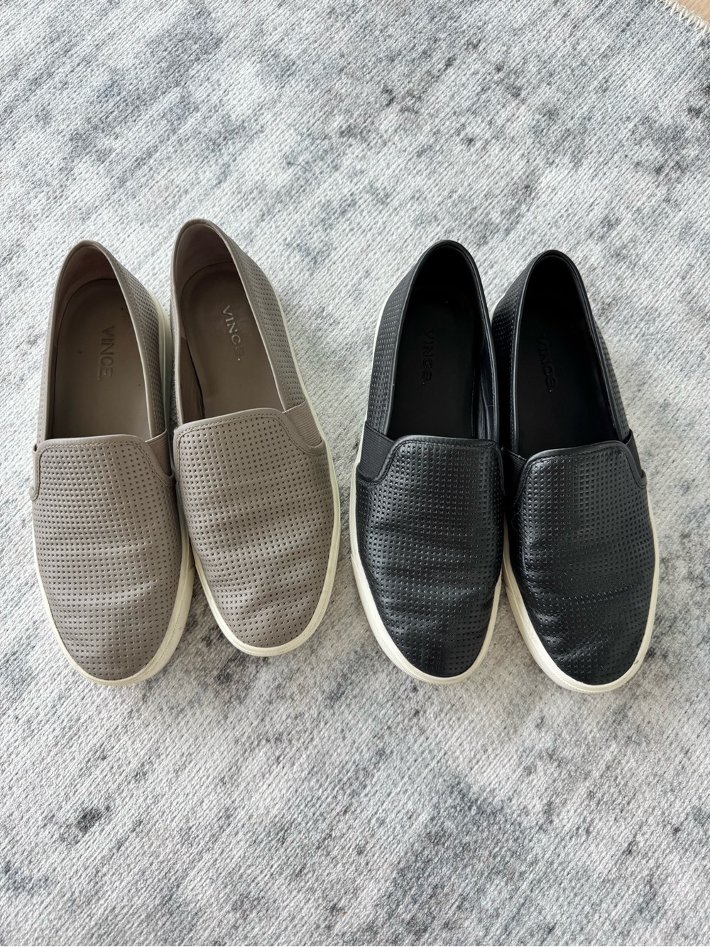 2 Vince Blair Leather Slip-On Sneakers 7.5 – Black & Taupe – 2 Pairs